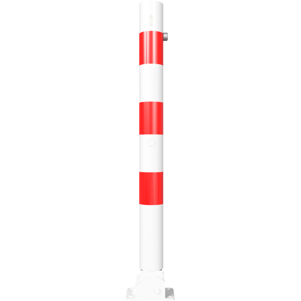 Barrier posts | Steel tube  76 x 2,6 mm | Foldable, with Euro profile cylinder lock | to be fixed by plugswith base plate 100 x 150 mm | hot-dip galvanized and white coatedwith three red reflecting stripes | with 2 eyelets